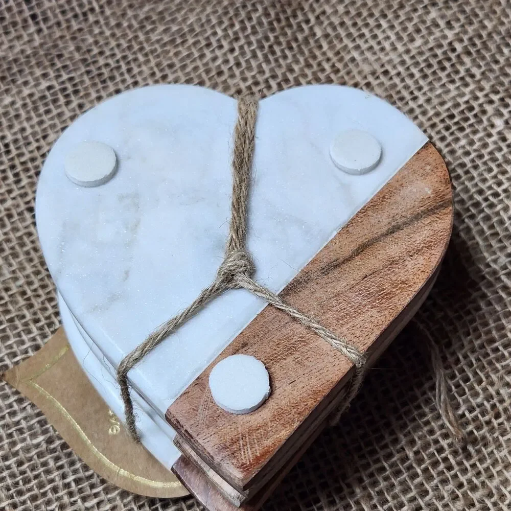 Coasters Handmade Heart Marble and Wood India Boho Farmhouse Rustic Decor 4 NWT